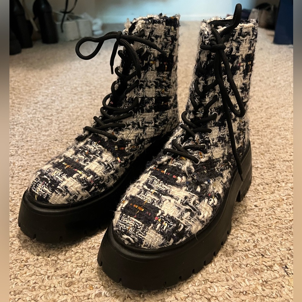 Aqua Tweed Lace-Up Boots